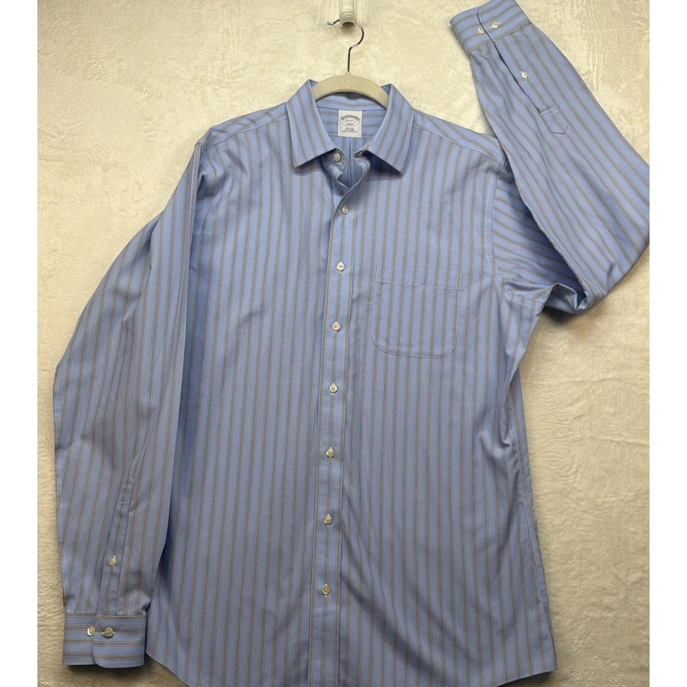 Brooks Brothers 346 Dress Shirt Mens 16 34 Slim Fit Blue Stripe Non Iron Cotton